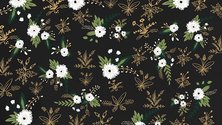 black and white floral textile, digital art, abstract, pattern