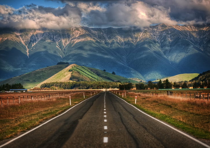 empty asphalt road across mountains, Long Road, Road to, New Zealand, HD wallpaper
