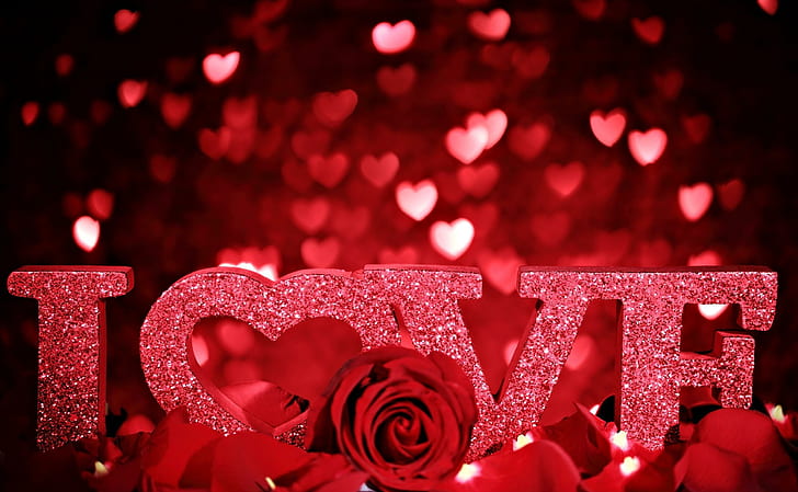 valentines day, love, inscription, rose, petals, romance, hearts, glitter, red love text table decor, HD wallpaper