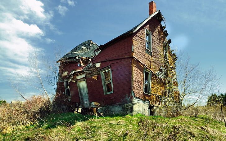 house, abandoned, ruin, field, sky, desolate