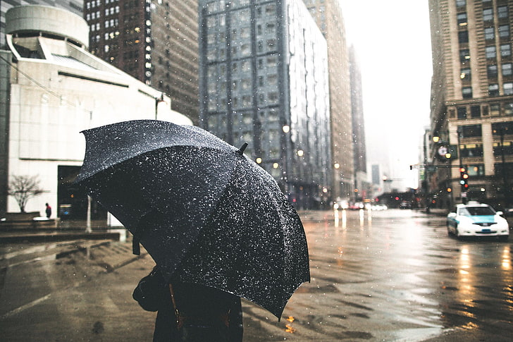 black and gray umbrella, city, rain, wet, street, architecture