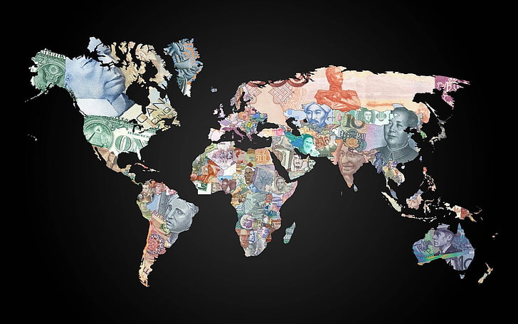 world map banknotes poster, money, countries, black background