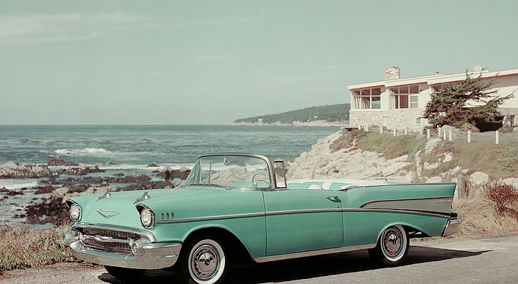 1957 Chevrolet Bel Air Convertible, vintage green convertible coupe, HD wallpaper