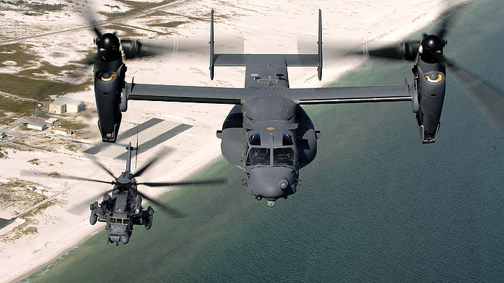 two gray helicopters, military, CV-22 Osprey, MH-53 Pave Low