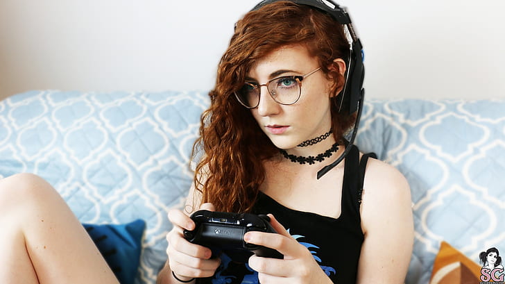 gamers, headsets, Tidecallernami, Suicide Girls, redhead, glasses, HD wallpaper