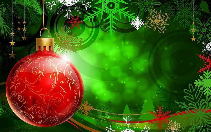 new year, christmas, ornament, sphere, red, green, snowflakes, red bauble, HD wallpaper