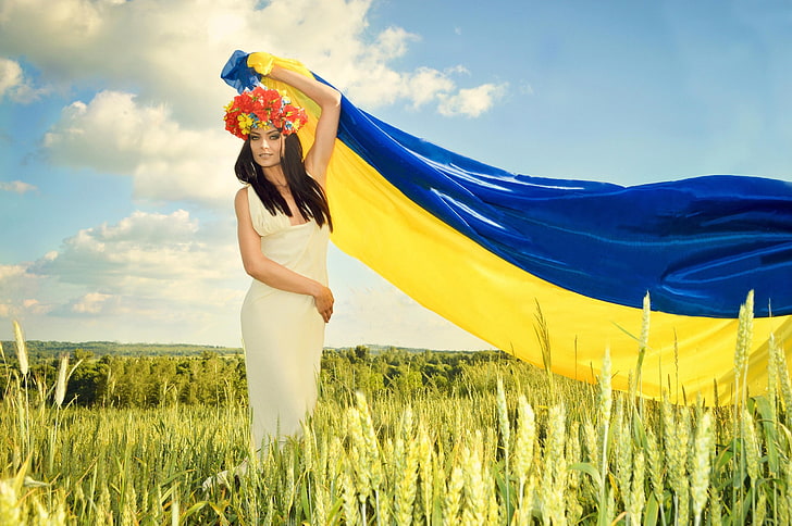 women's white dress, field, the sky, grass, clouds, blue, yellow, HD wallpaper