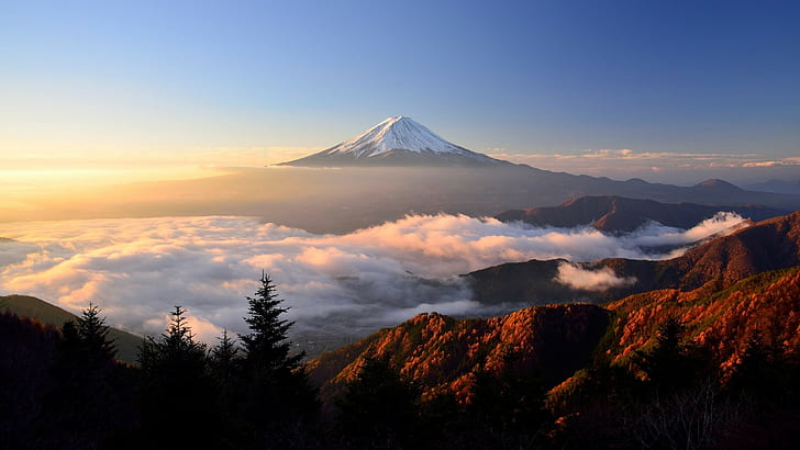 Mount Fuji, clouds, trees, sky, nature, landscape, mist, sunlight, HD wallpaper