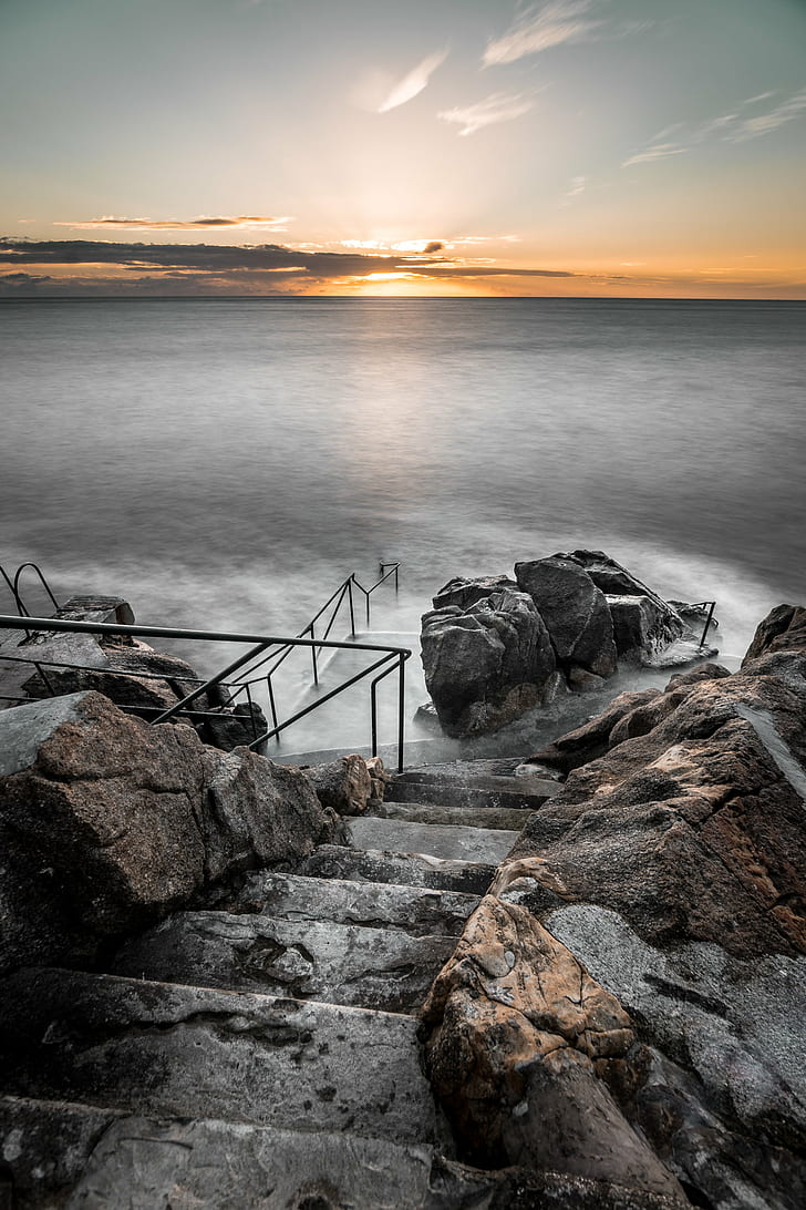 stone stairs in seashore photograph, Sunrise, Hawk, cliff, Killiney