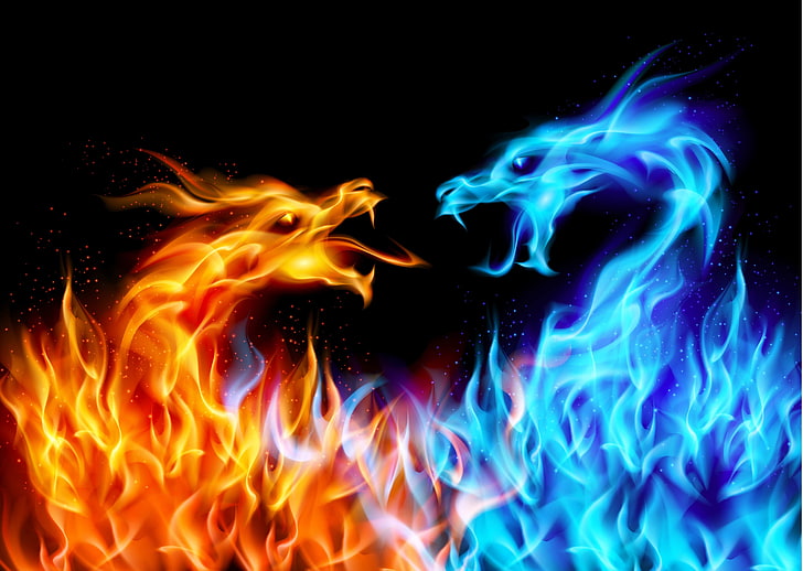 red and blue dragon fire digital wallpaper, burning, fire - natural phenomenon, HD wallpaper