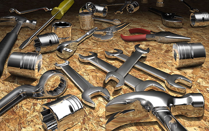 assorted metal hand tool lot, abstraction, Shine, key, hammer, HD wallpaper