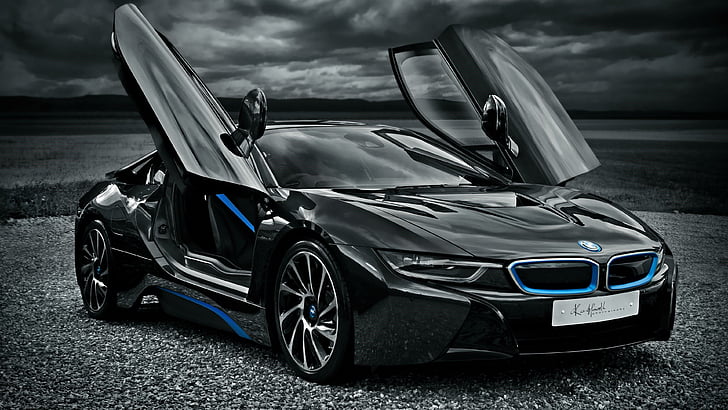 bmw, bmw i8, supercar, black car, luxury car, cloud, dark HD wallpaper