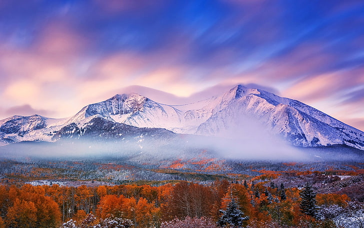snow-covered mountain painting, landscape, morning, mountains