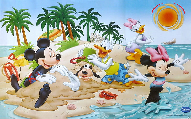 Donald Duck Daisy Duck Mickey Mouse Minnie Aand Goofy Summer adventures at the beach cartoon Wallpaper HD 1920×1200