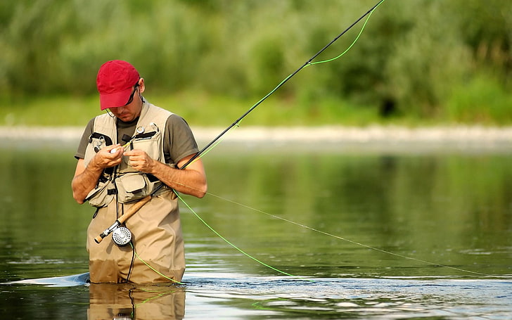 men's brown fishing vest, man, river, hobbies, sport, outdoors