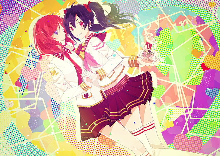 two female students anime characters, Love Live!, colorful, Nishikino Maki