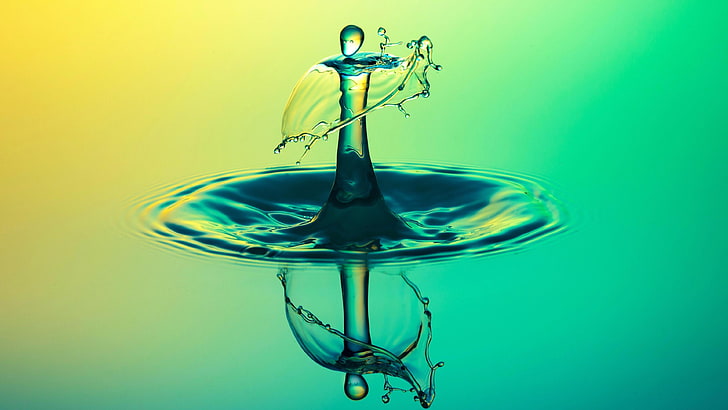 water drop, macro photography, reflection, green, high speed photography