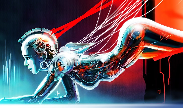 robot illustration, girl, cyborg, lie, futuristic, science, technology
