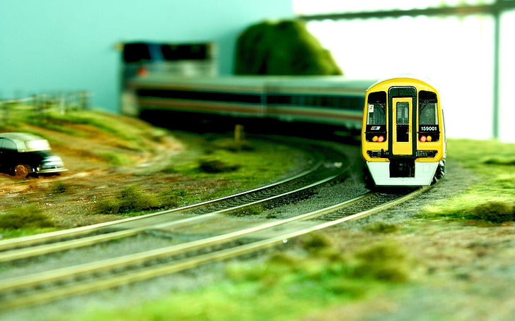 black and yellow train toy, yellow and gray train, railway, tilt shift, HD wallpaper