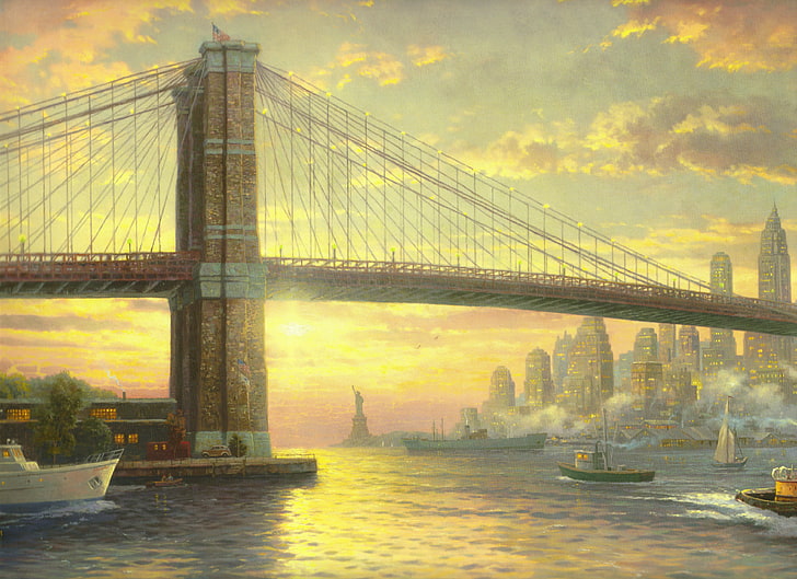 brown suspension bridge, city, the ocean, building, New York, HD wallpaper