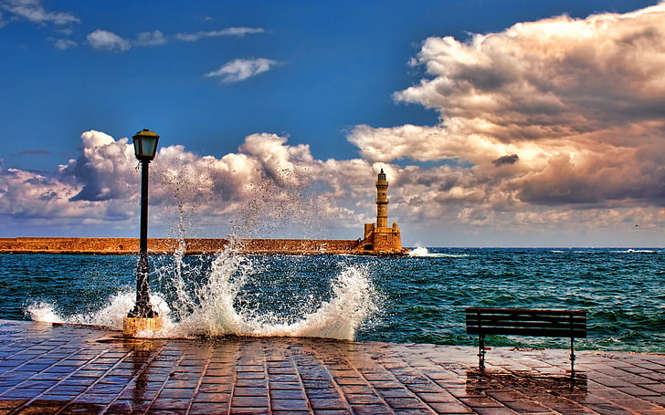 architecture, bench, clouds, Coast, Crete, Greece, Horizon