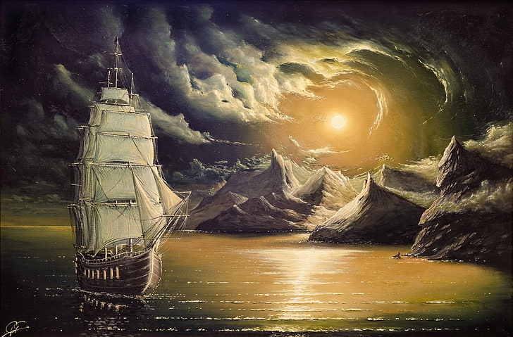 white and brown galleon ship illustration, craft, art, bad weather