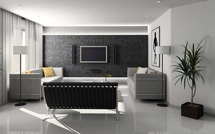 flat screen TV, living room, style, sofa, interior, domestic Room, HD wallpaper