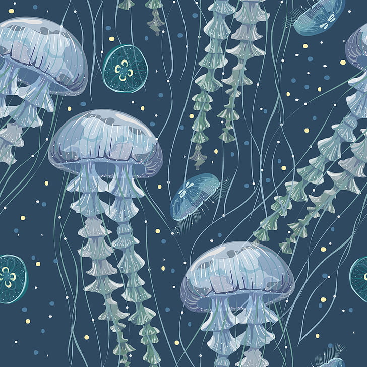 jellyfish, art, underwater world, tentacles, algae, HD wallpaper