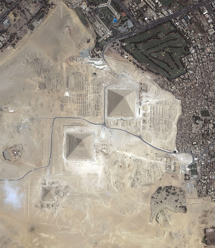 aerial view of pyramid and land, Pyramids of Giza, Egypt, architecture