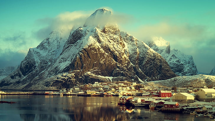 landscape, reine fjord, peak, lofoten, norway, winter, mountain range, HD wallpaper
