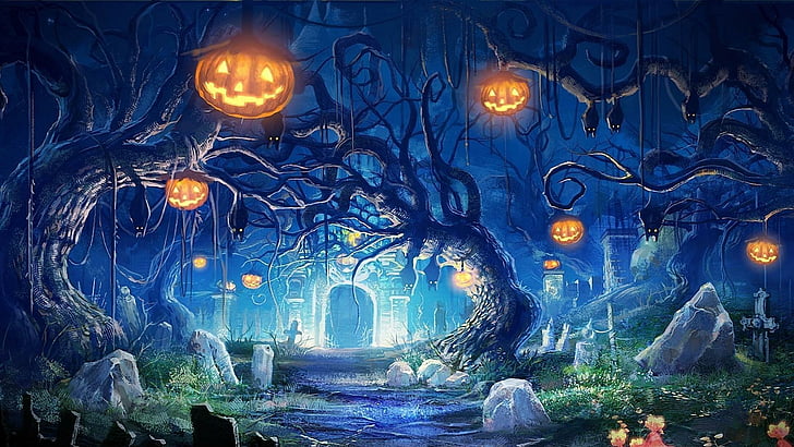 halloween, pumpkins, holiday, castle, gates, graves, bates, HD wallpaper