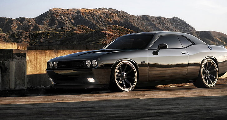 black coupe, Dodge Challenger SRT, car, muscle cars, transportation, HD wallpaper