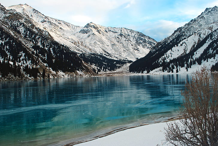 mountains, water, clear sky, peaceful, snow