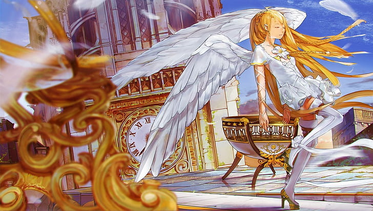 Angel Harp, wings, beauty, anime, HD wallpaper