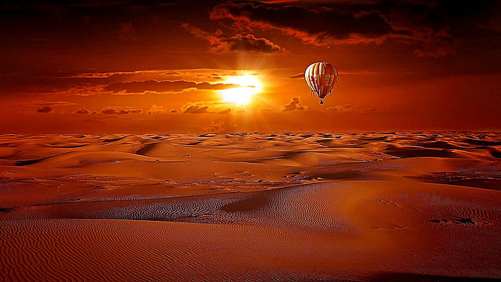 hot air balloon, desert, landscape, horizon, sun, sky, sunrise