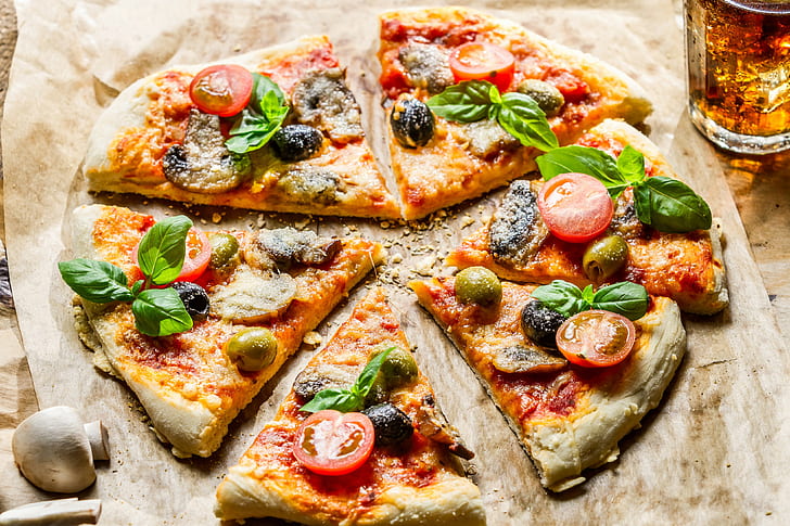 basil, food, cherry tomatoes, pizza, slices, mushrooms, olives