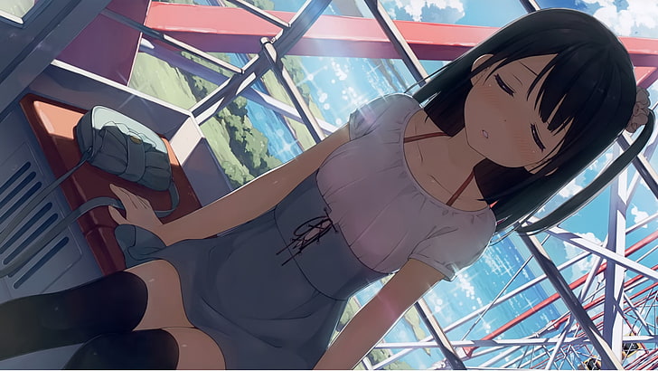 anime girls, brunette, Kantoku, day, amusement park, low angle view, HD wallpaper