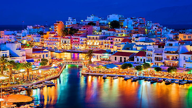 crete, agios nikolaos, greece, europe, cityscape, city lights