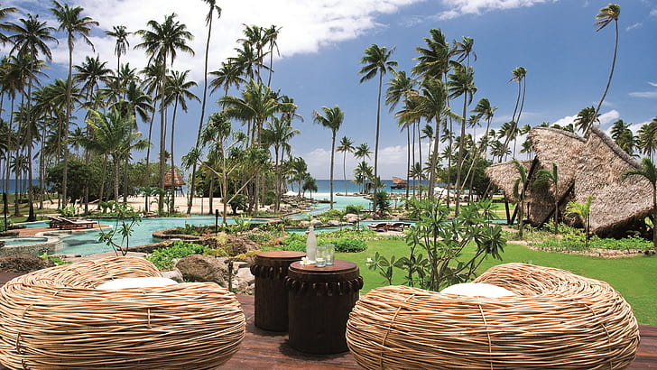 Resort, sea, palm trees, pool, Laucala Island, Fiji, HD wallpaper