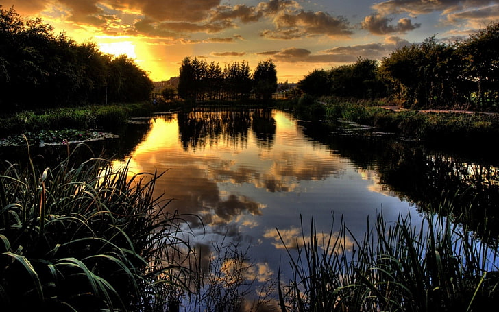 body of water, nature, lake, landscape, sunset, sky, plant, reflection, HD wallpaper