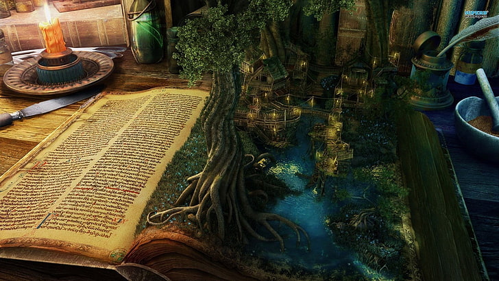 opened book with trees and houses painting, digital art, fantasy art, HD wallpaper