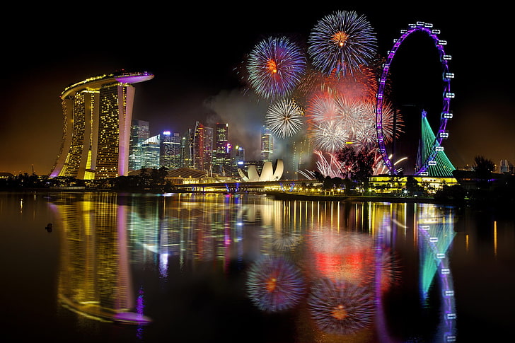 Marina Bay Sands, fireworks, city, Singapore, building exterior