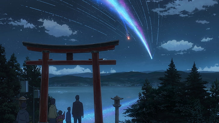 Makoto Shinkai, Kimi no Na Wa, sky, tree, architecture, nature