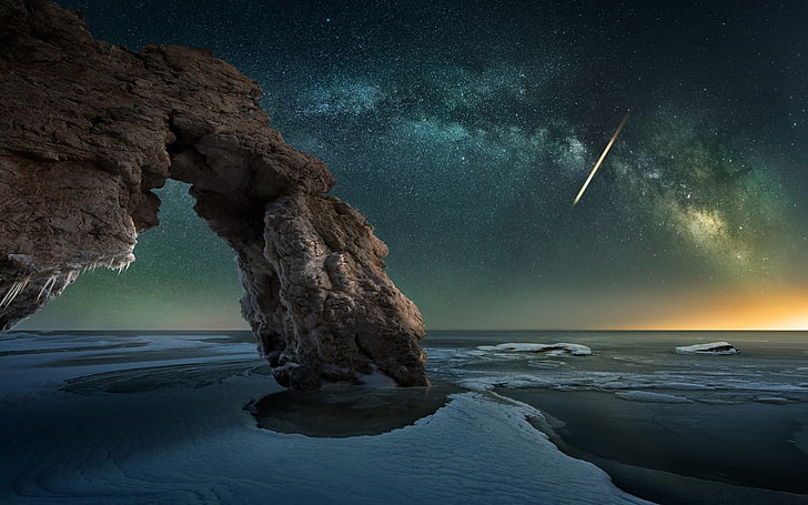 gray rock formation, nature, landscape, Milky Way, ice, sea, starry night