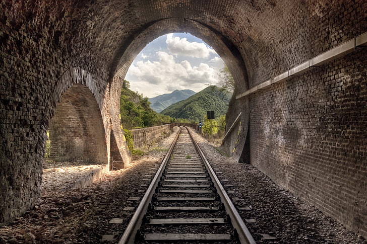 train track tunnel illustration, arch, railway, bricks, stones, HD wallpaper