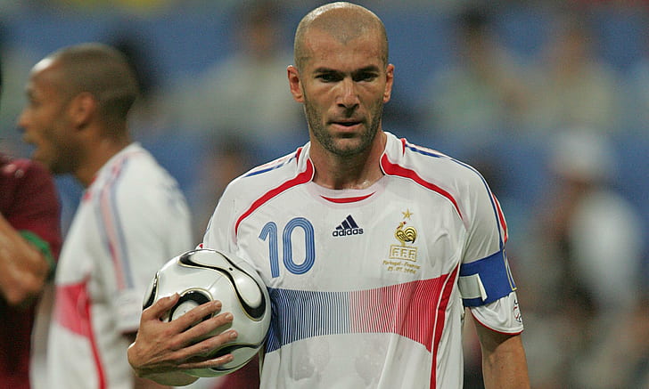 zinedine zidane, football player, real madrid castilla, men's white and red adidas jersey shirt