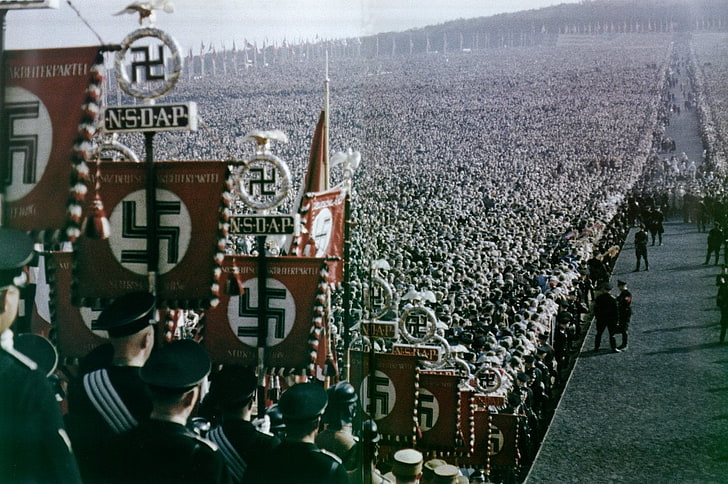 swastika banner, Wars, World War II, Nazi, day, group of people, HD wallpaper