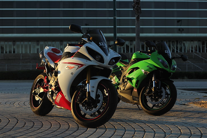white and green sports bikes, motorcycles, the evening, Kawasaki, HD wallpaper