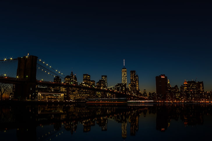 bridge, cityscape, lights, night, New York City, architecture, HD wallpaper