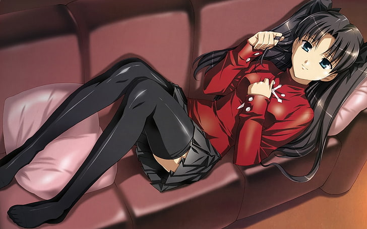 HD wallpaper: female anime character, anime girl, dear, sofa, stockings,  smile | Wallpaper Flare